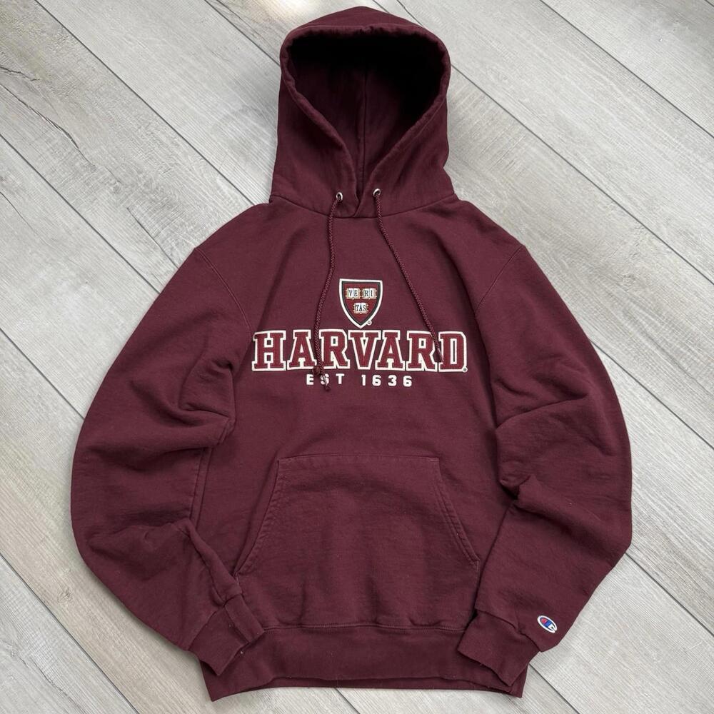 Y2K Champion Harvard University Hoodie Maroon Size S Embroidered Logo EST 1636 - Picture 2 of 8
